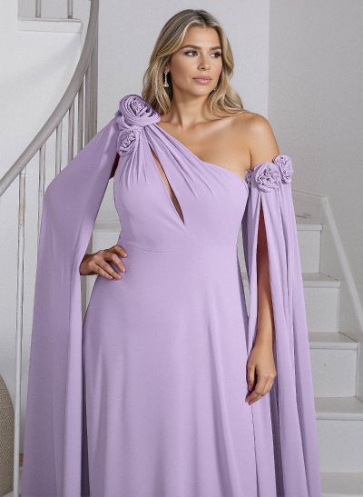 Dreamy A-Line Flower(s) One-Shoulder Cape Sleeves Chiffon Mother Of The Bride Dresses