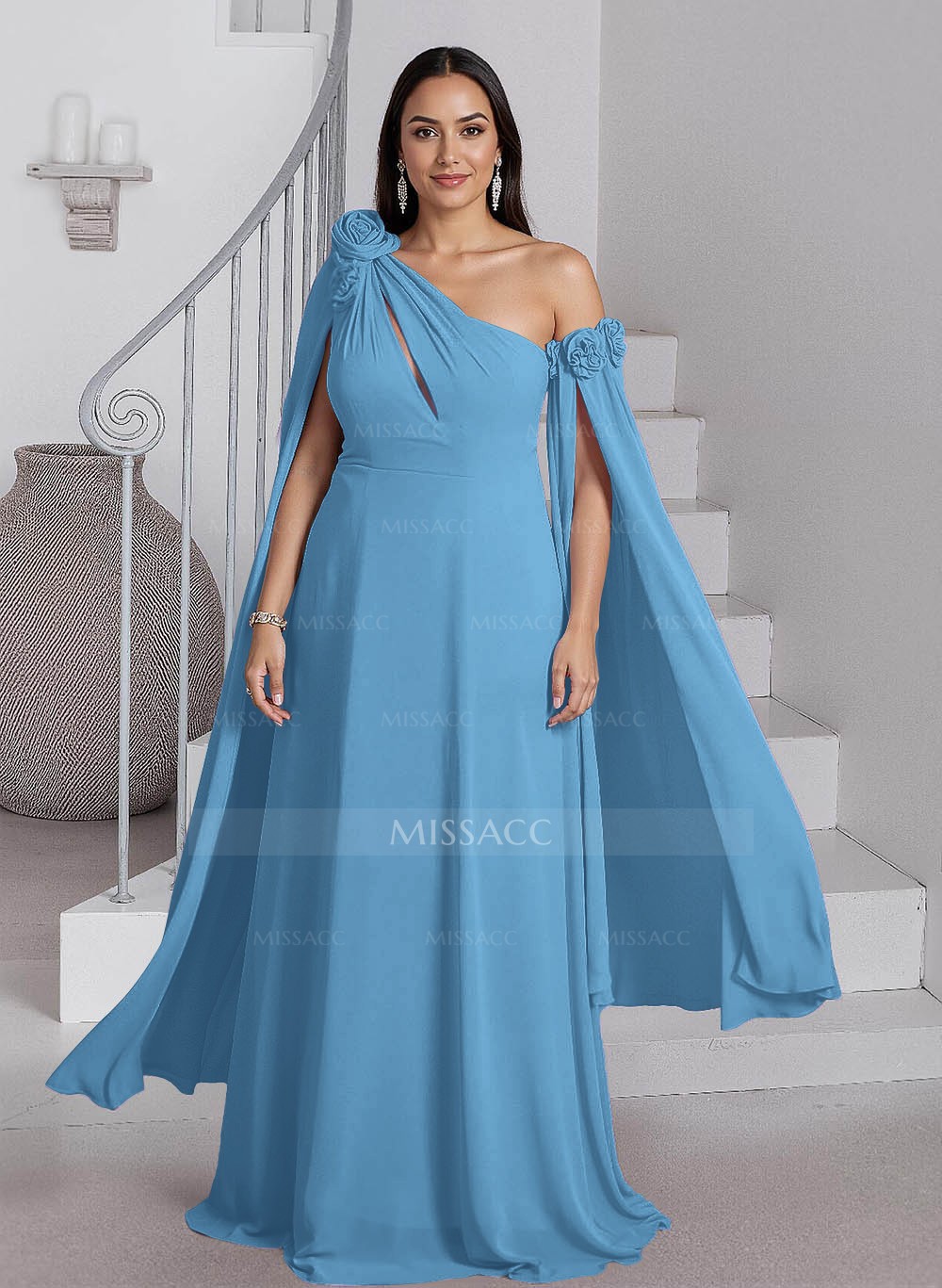 Dreamy A-Line Flower(s) One-Shoulder Cape Sleeves Chiffon
