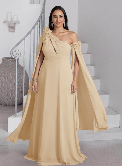 Dreamy A-Line Flower(s) One-Shoulder Cape Sleeves Chiffon Mother Of The Bride Dresses