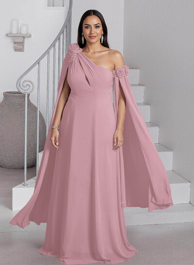 Dreamy A-Line Flower(s) One-Shoulder Cape Sleeves Chiffon Mother Of The Bride Dresses