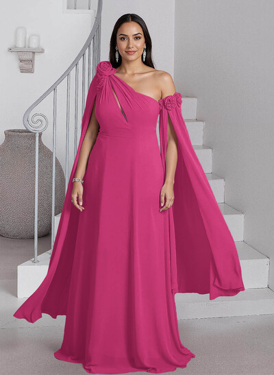 Dreamy A-Line Flower(s) One-Shoulder Cape Sleeves Chiffon Mother Of The Bride Dresses