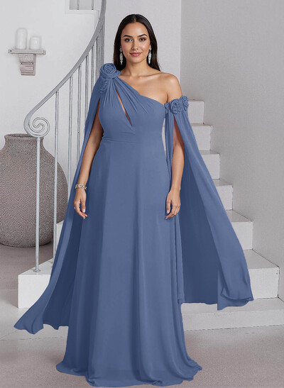 Dreamy A-Line Flower(s) One-Shoulder Cape Sleeves Chiffon Mother Of The Bride Dresses
