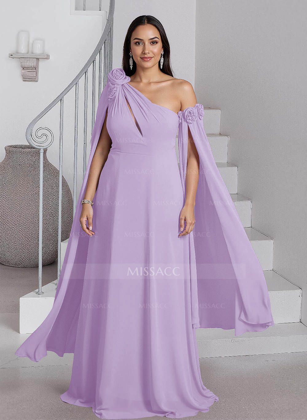 Dreamy A-Line Flower(s) One-Shoulder Cape Sleeves Chiffon Mother Of The Bride Dresses