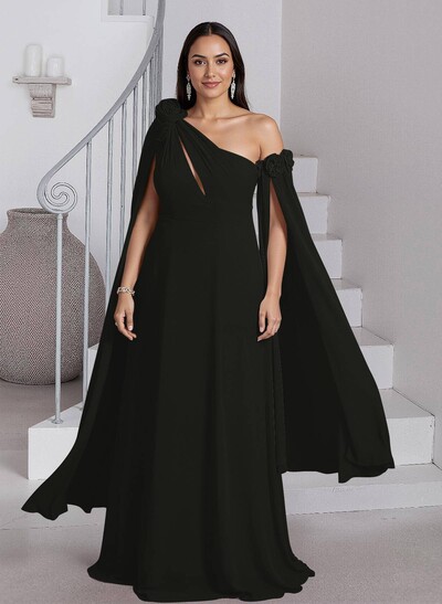 Dreamy A-Line Flower(s) One-Shoulder Cape Sleeves Chiffon Mother Of The Bride Dresses