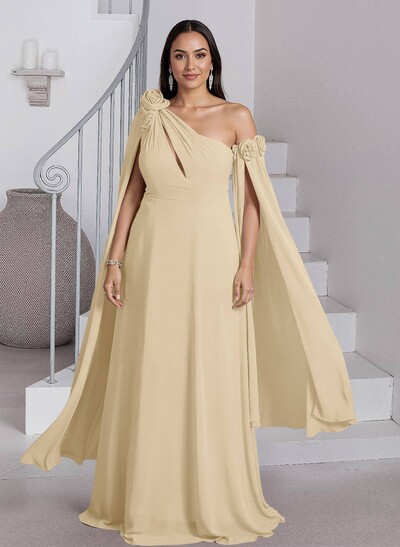 Dreamy A-Line Flower(s) One-Shoulder Cape Sleeves Chiffon Mother Of The Bride Dresses