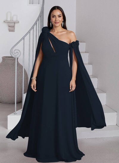 Dreamy A-Line Flower(s) One-Shoulder Cape Sleeves Chiffon Mother Of The Bride Dresses