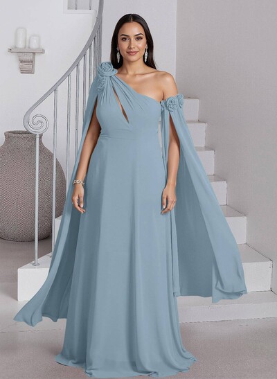 Dreamy A-Line Flower(s) One-Shoulder Cape Sleeves Chiffon Mother Of The Bride Dresses