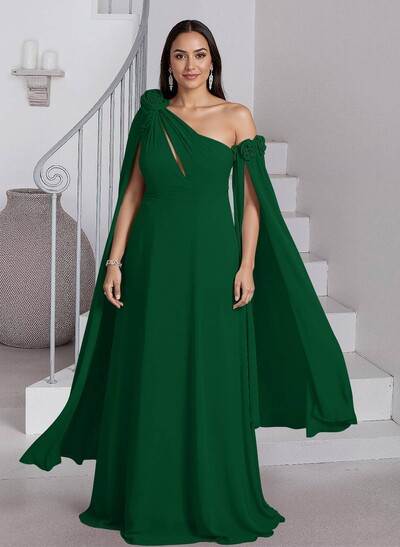 Dreamy A-Line Flower(s) One-Shoulder Cape Sleeves Chiffon Mother Of The Bride Dresses