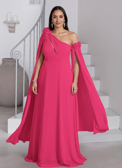 Dreamy A-Line Flower(s) One-Shoulder Cape Sleeves Chiffon Mother Of The Bride Dresses