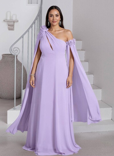 Dreamy A-Line Flower(s) One-Shoulder Cape Sleeves Chiffon Mother Of The Bride Dresses