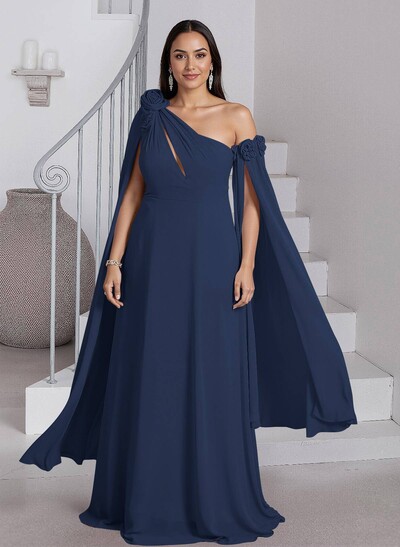Dreamy A-Line Flower(s) One-Shoulder Cape Sleeves Chiffon Mother Of The Bride Dresses