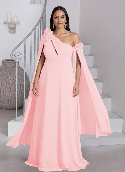 Dreamy A-Line Flower(s) One-Shoulder Cape Sleeves Chiffon Mother Of The Bride Dresses