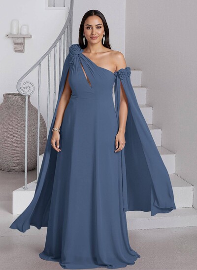 Dreamy A-Line Flower(s) One-Shoulder Cape Sleeves Chiffon Mother Of The Bride Dresses