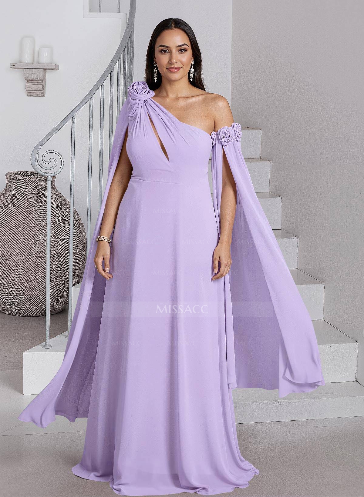 Dreamy A-Line Flower(s) One-Shoulder Cape Sleeves Chiffon Mother Of The Bride Dresses