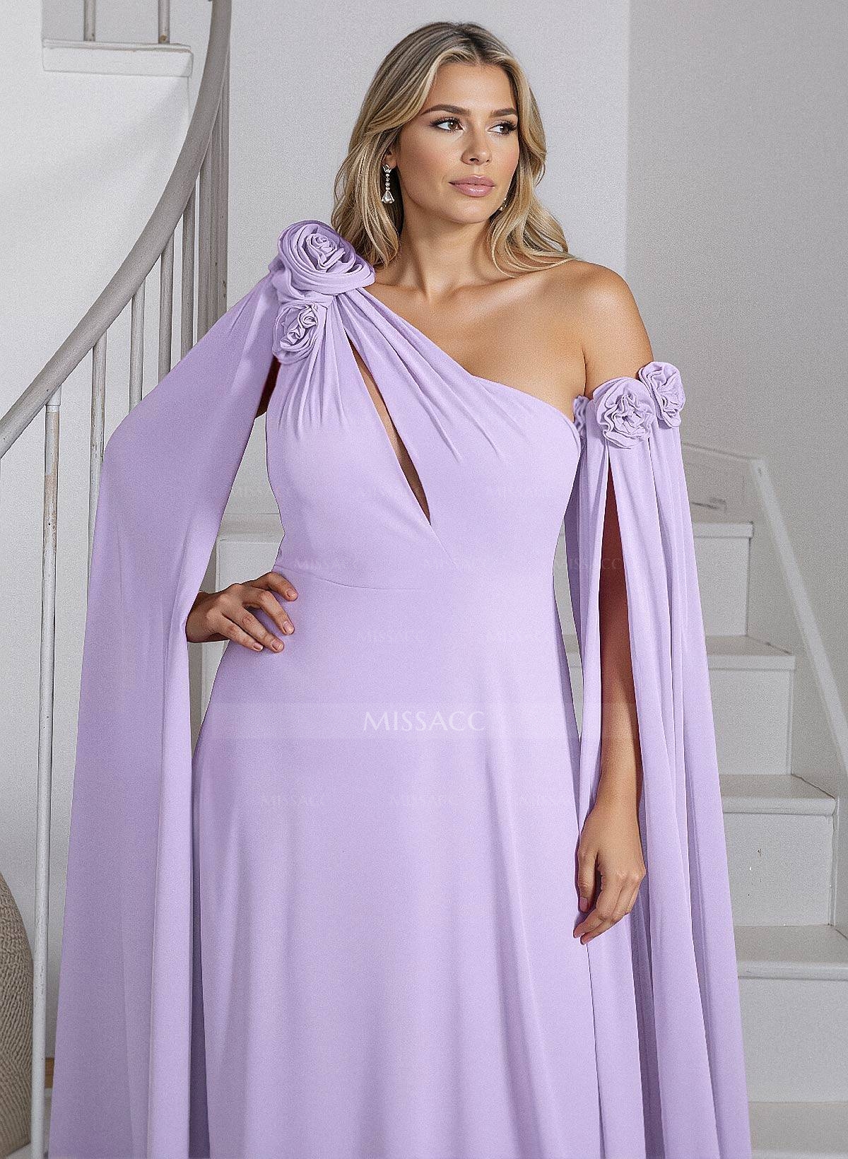 Dreamy A-Line Flower(s) One-Shoulder Cape Sleeves Chiffon Mother Of The Bride Dresses