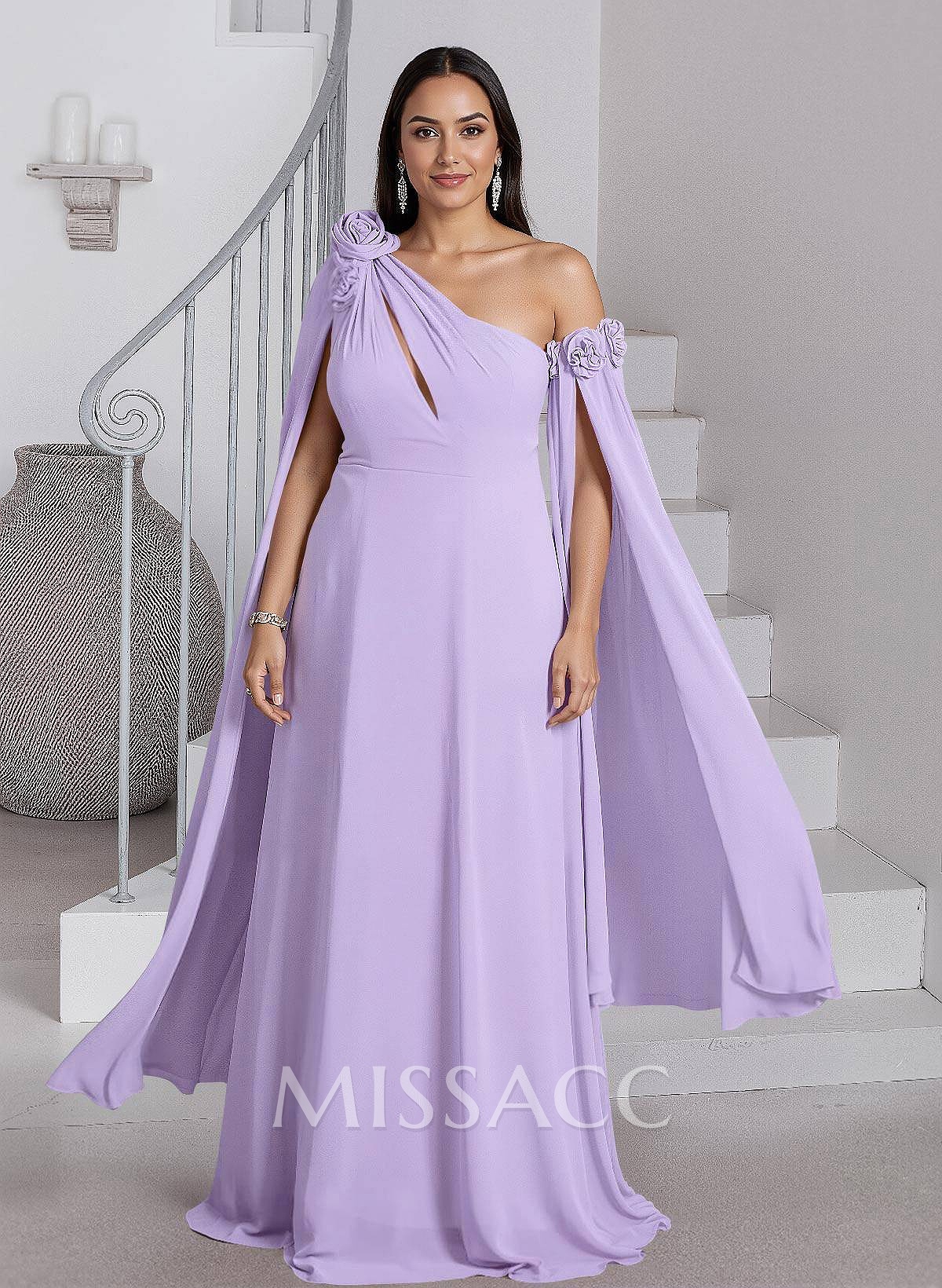 Dreamy A-Line Flower(s) One-Shoulder Cape Sleeves Chiffon Mother Of The Bride Dresses Dreamy A-Line Flower(s) One-Shoulder Cape Sleeves Chiffon Mother Of The Bride Dresses