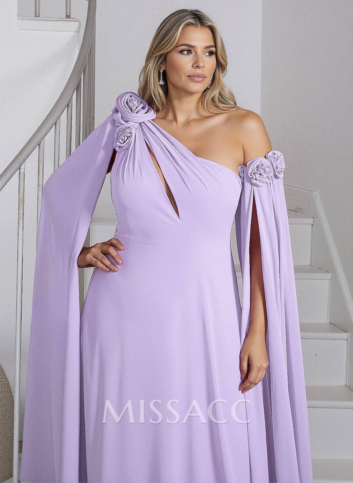Dreamy A-Line Flower(s) One-Shoulder Cape Sleeves Chiffon Mother Of The Bride Dresses Dreamy A-Line Flower(s) One-Shoulder Cape Sleeves Chiffon Mother Of The Bride Dresses