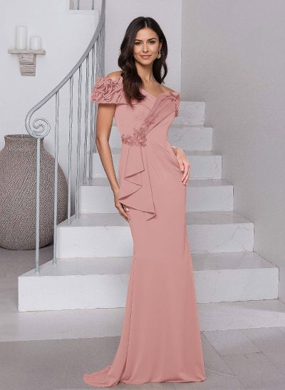 Elegant Ruffle Off-The-Shoulder Lace Crepe Satin Mother Of The Bride Dresses