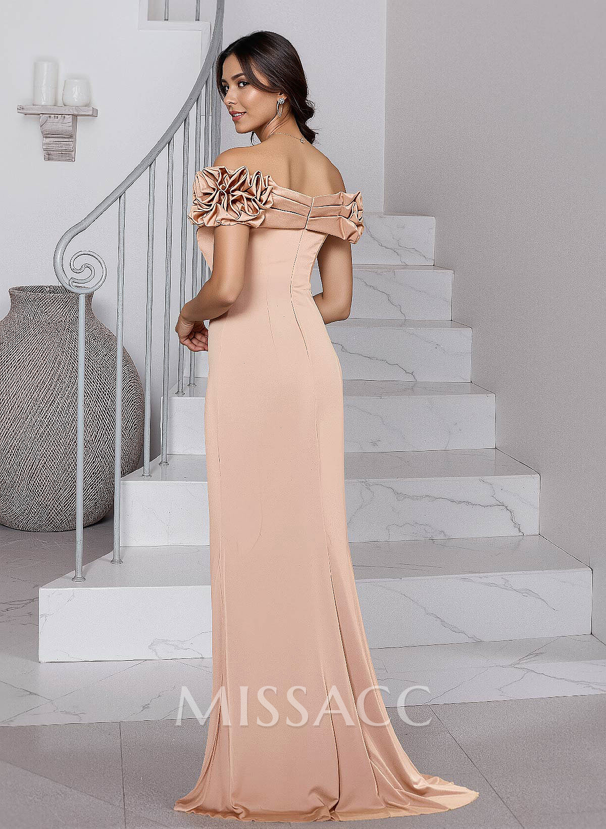 Elegant Ruffle Off-The-Shoulder Lace Crepe Satin Mother Of The Bride Dresses Elegant Ruffle Off-The-Shoulder Lace Crepe Satin Mother Of The Bride Dresses