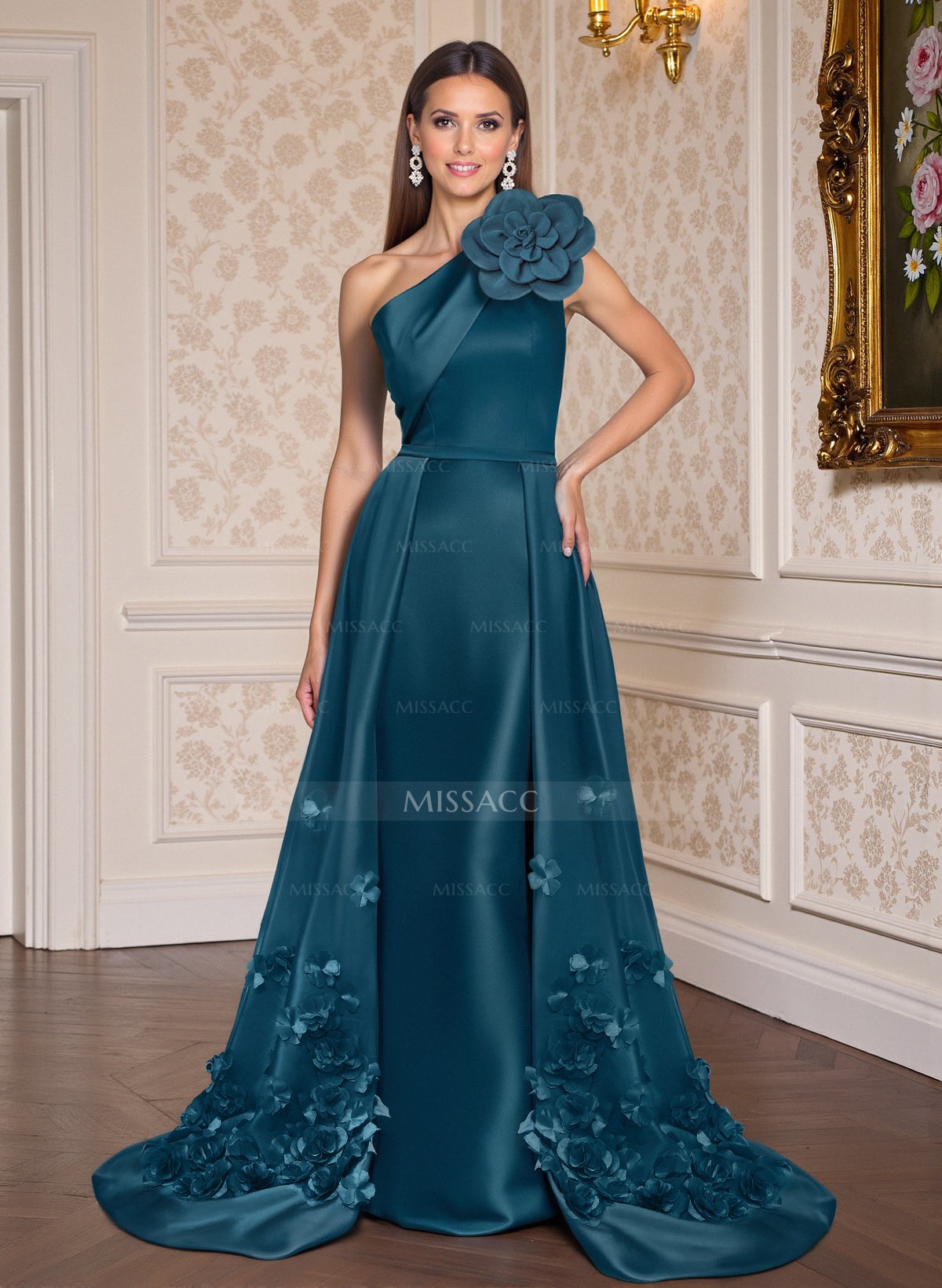 Jumpsuit/Pantsuit One-Shoulder Detachable Sweep Train Mother Of The Bride Dresses With Flower