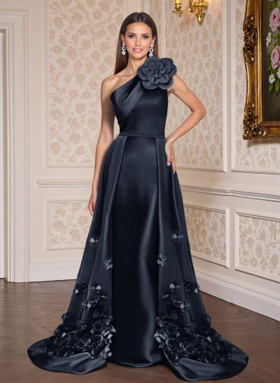 One-Shoulder Detachable Sweep Train Mother Of The Bride Dresses With Flower