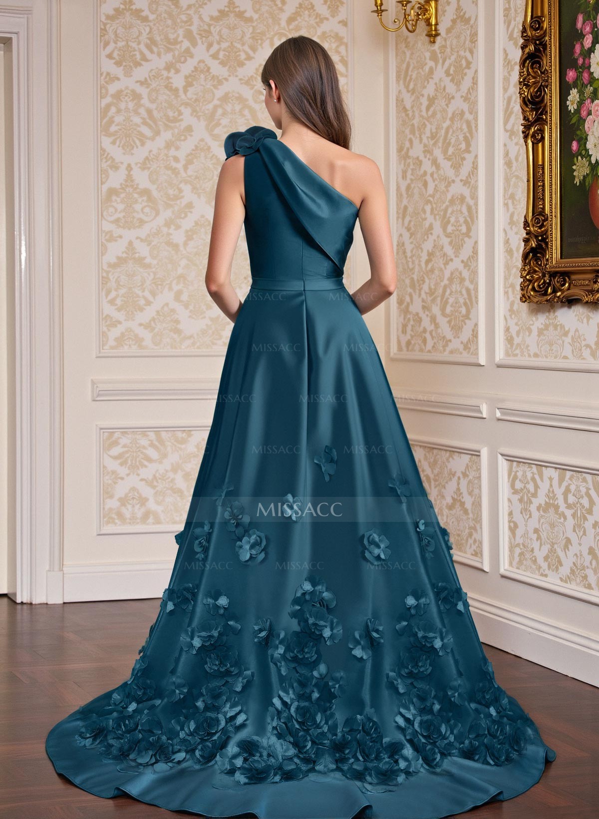 One-Shoulder Detachable Sweep Train Mother Of The Bride Dresses With Flower