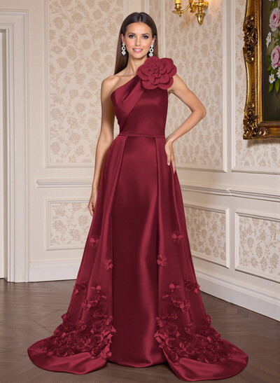 One-Shoulder Detachable Sweep Train Mother Of The Bride Dresses With Flower