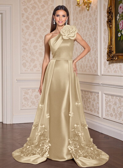 One-Shoulder Detachable Sweep Train Mother Of The Bride Dresses With Flower