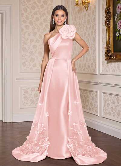 One-Shoulder Detachable Sweep Train Mother Of The Bride Dresses With Flower