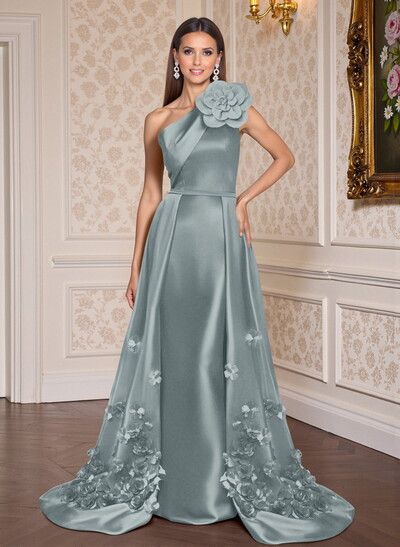 One-Shoulder Detachable Sweep Train Mother Of The Bride Dresses With Flower
