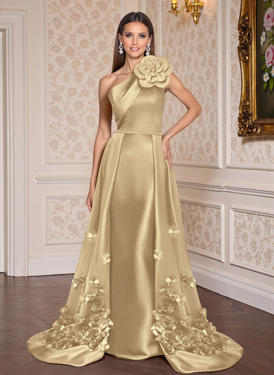 One-Shoulder Detachable Sweep Train Mother Of The Bride Dresses With Flower
