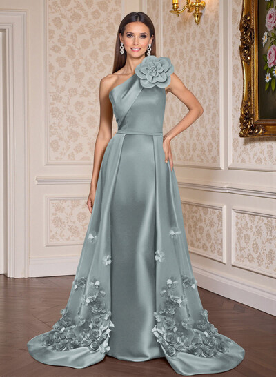 One-Shoulder Detachable Sweep Train Mother Of The Bride Dresses With Flower