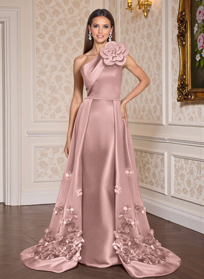 One-Shoulder Detachable Sweep Train Mother Of The Bride Dresses With Flower