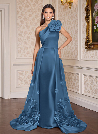 One-Shoulder Detachable Sweep Train Mother Of The Bride Dresses With Flower