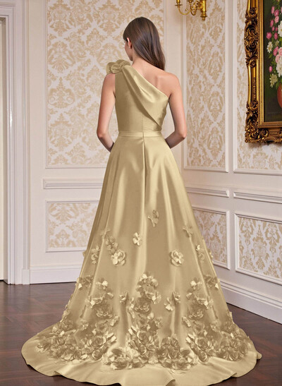 One-Shoulder Detachable Sweep Train Mother Of The Bride Dresses With Flower