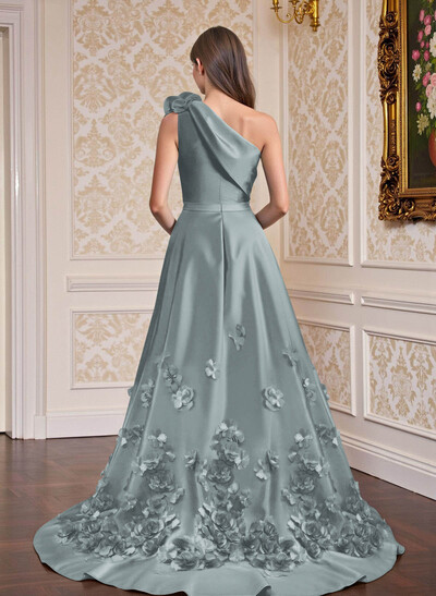 One-Shoulder Detachable Sweep Train Mother Of The Bride Dresses With Flower