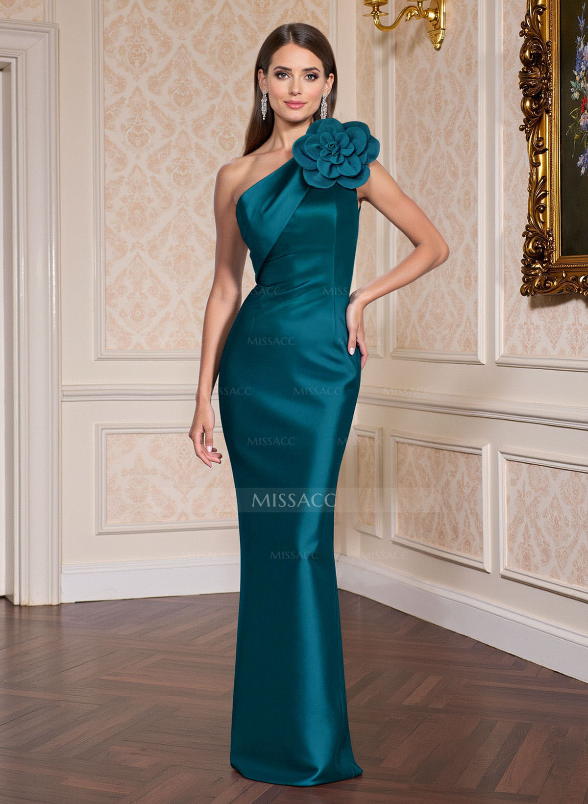 One-Shoulder Detachable Sweep Train Mother Of The Bride Dresses With Flower