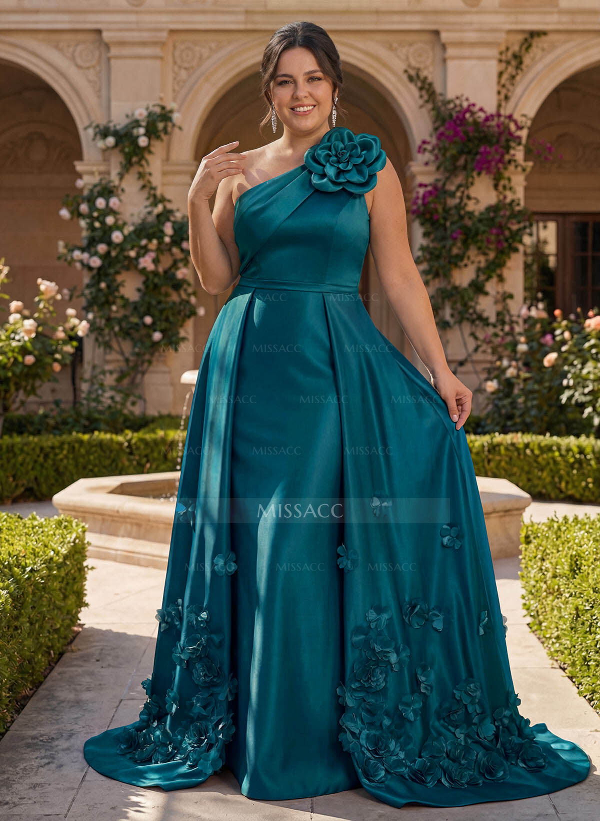 One-Shoulder Detachable Sweep Train Mother Of The Bride Dresses With Flower