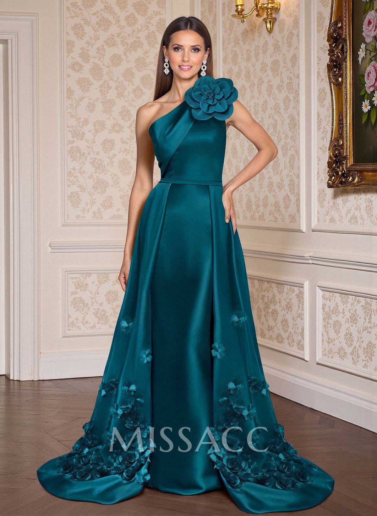 One-Shoulder Detachable Sweep Train Mother Of The Bride Dresses With Flower One-Shoulder Detachable Sweep Train Mother Of The Bride Dresses With Flower