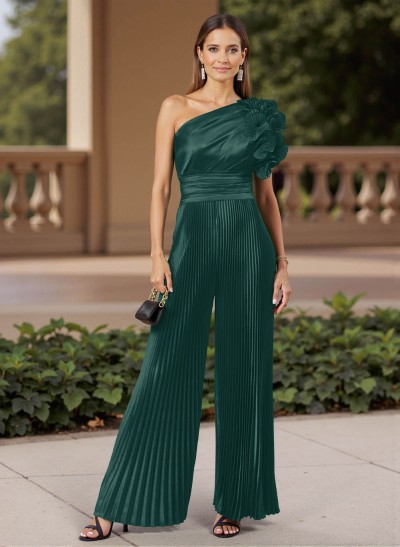 Classic Jumpsuit One-Shoulder Silk Like Satin Mother Of The Bride Dresses With Ruffled Floral