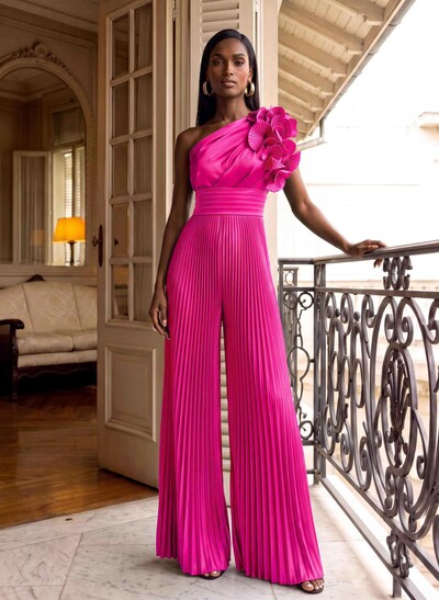 Classic Jumpsuit One-Shoulder Silk Like Satin Mother Of The Bride Dresses With Ruffled Floral
