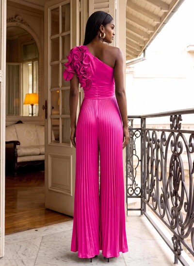 Classic Jumpsuit One-Shoulder Silk Like Satin Mother Of The Bride Dresses With Ruffled Floral