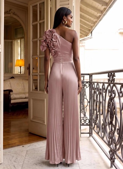 Classic One-Shoulder Silky Satin Mother of the Bride Jumpsuit with Floral Ruffles