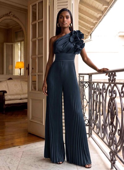 Classic Jumpsuit One-Shoulder Silk Like Satin Mother Of The Bride Dresses With Ruffled Floral