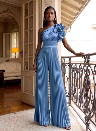 Classic Jumpsuit One-Shoulder Silk Like Satin Mother Of The Bride Dresses With Ruffled Floral