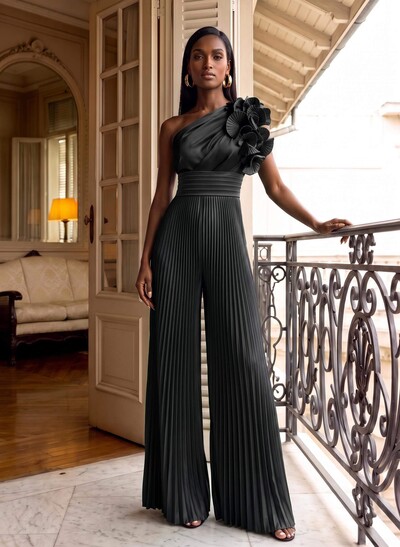 Classic Jumpsuit One-Shoulder Silk Like Satin Mother Of The Bride Dresses With Ruffled Floral