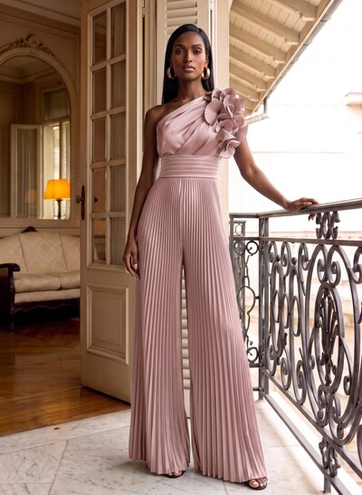 Classic One-Shoulder Silky Satin Mother of the Bride Jumpsuit with Floral Ruffles