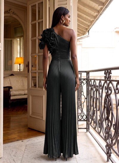 Classic Jumpsuit One-Shoulder Silk Like Satin Mother Of The Bride Dresses With Ruffled Floral