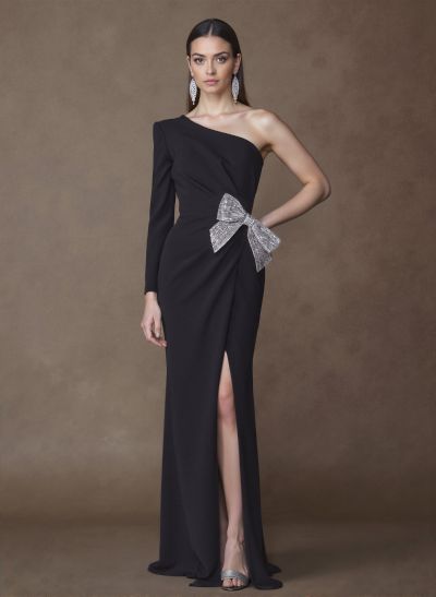 Unique One-Shoulder Long Sleeves Sequins Bow(s) High Split Elastic Satin Mother Of The Bride Dresses