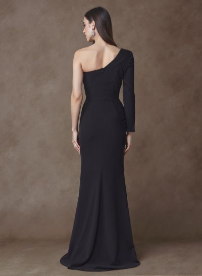 Unique One-Shoulder Long Sleeves Sequins Bow(s) High Split Elastic Satin Mother Of The Bride Dresses